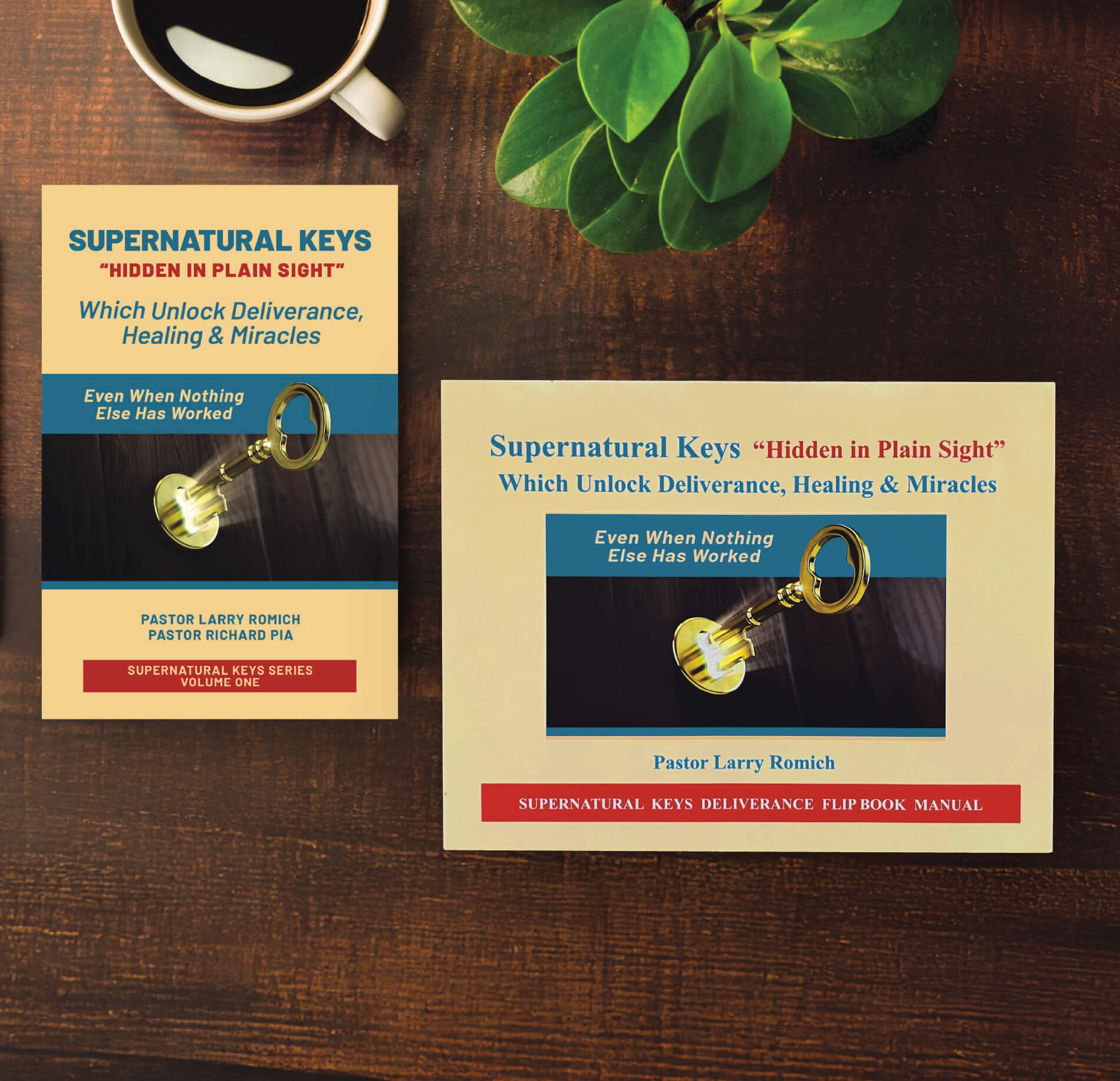 The Super Natural Keys hidden in plain sight book and workbook sitting on a wooden desk with a green plant and cup of coffee